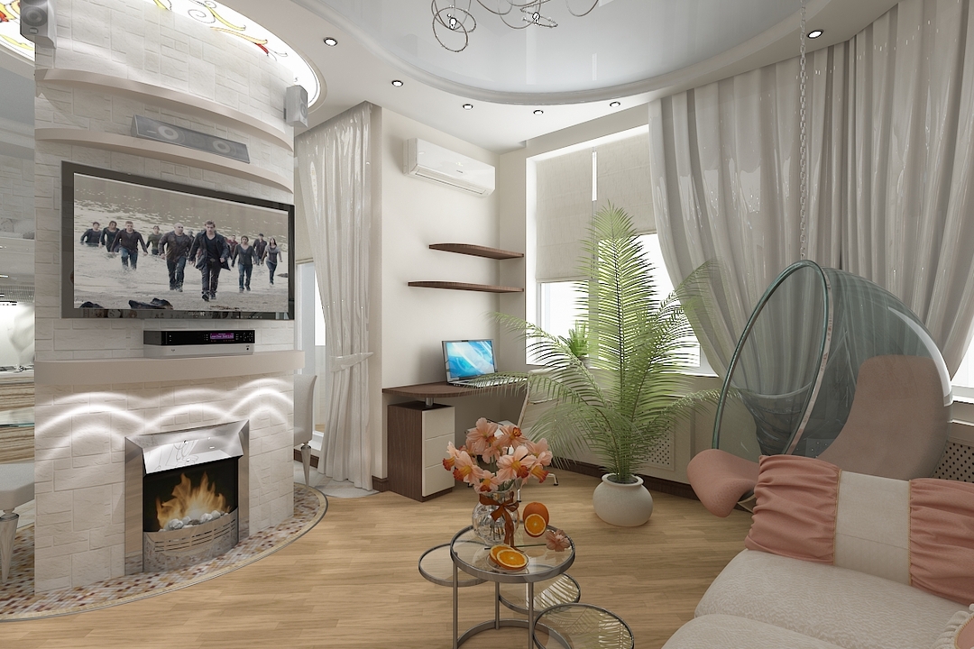 Dizainas gyvenamasis kambarys bute: apdailos kambario interjerą Studio butas