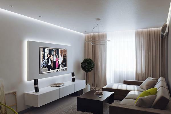 In a small living room, the TV should be placed in the opposite corner from the sofa
