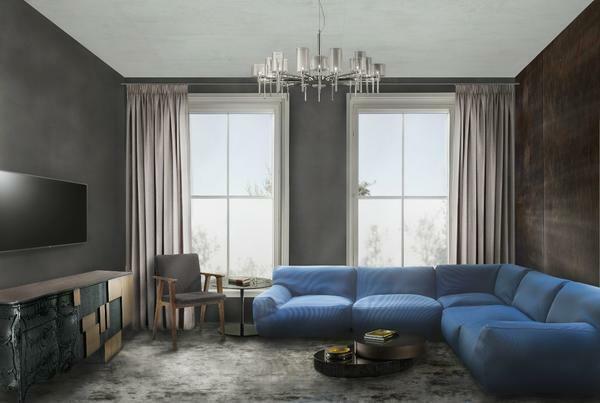 Dark salongi: Shimo värvi tuhk, värvid mööbel, foto valgus toas, disain