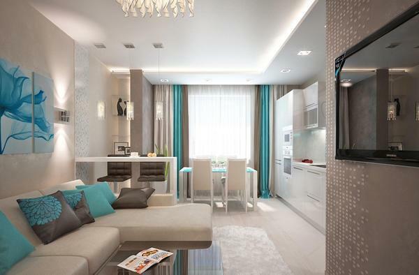Kitchen-living room 18 sq m photo design: studio, square interior, combined layout, bedroom project in the hall