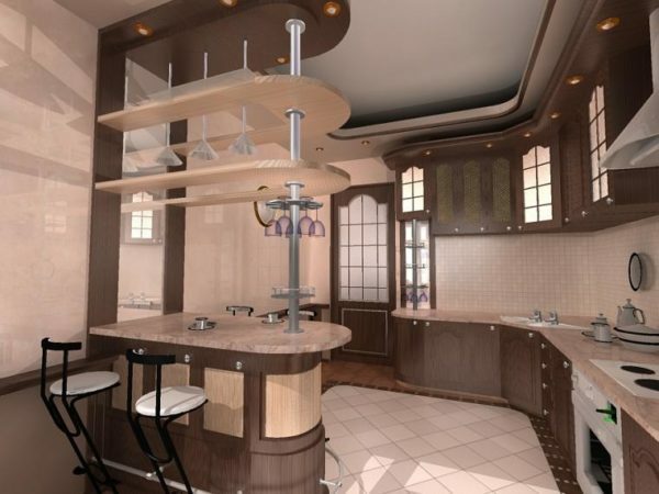O balcão de bar é considerado uma adição conveniente e original para o interior de uma cozinha moderna.