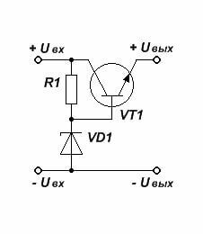 Parametriskais stabilizators no Zener diodes un tranzistora - shematiska diagramma