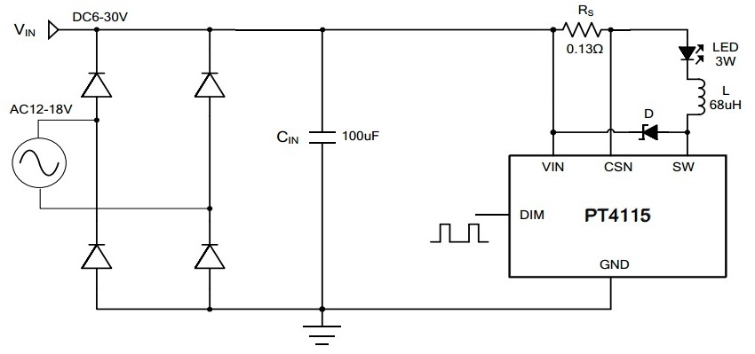 Circuit de commande pour LED utilisant PT4115