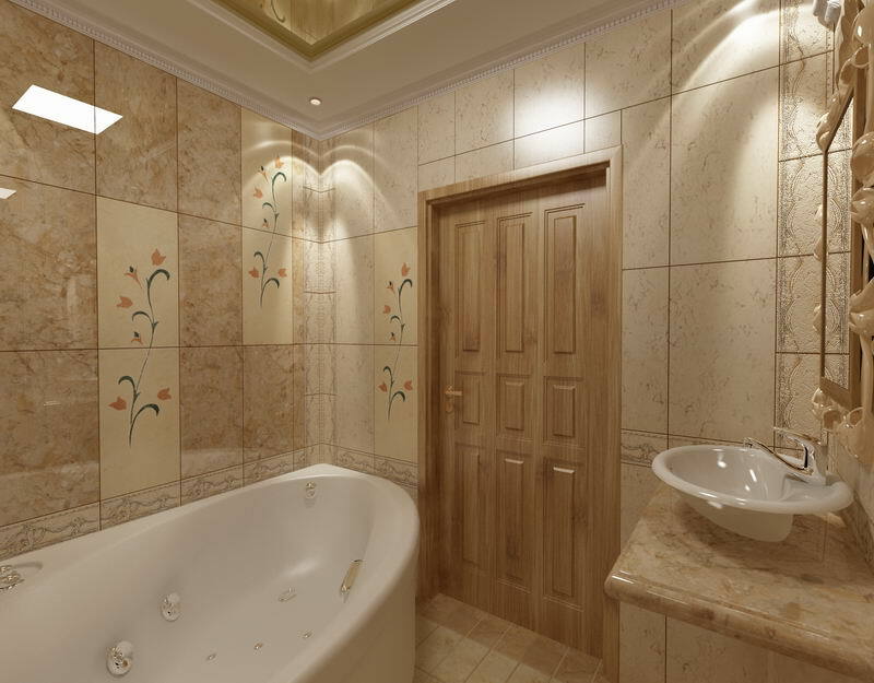 Interior de uma casa de banho com banheira de canto