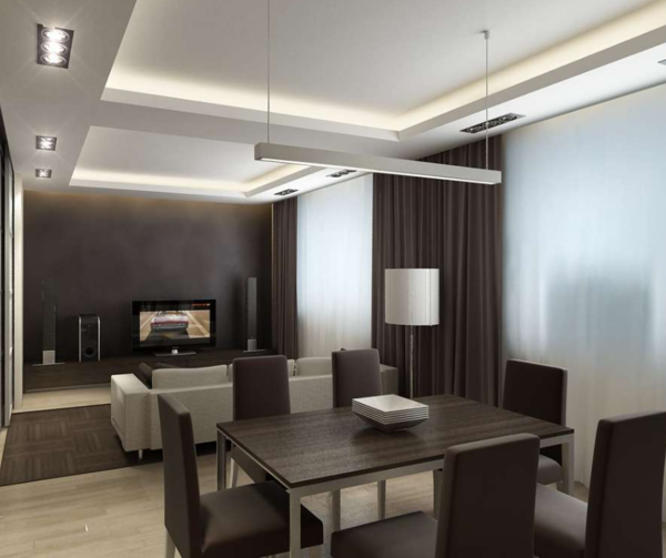 Desain ruang makan ruang-tamu: gambar di rumah pribadi ide interior untuk apartemen, keselarasan pinggiran kota