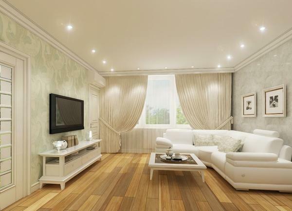 A iluminação na sala de estar com um tecto francês: variações com um ponto, a foto no berçário, exemplos com um brilhante, design, vídeo, tipos de LED