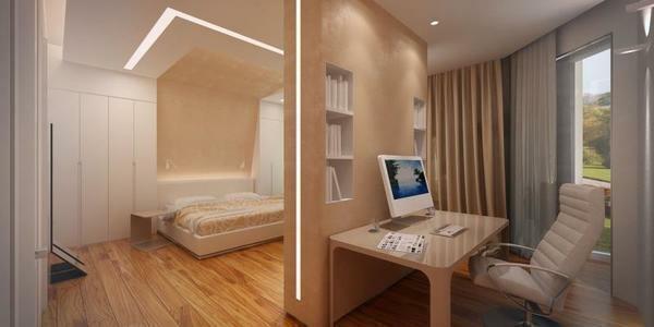 Separation of the design of the room into the bedroom and the office allows zoning space
