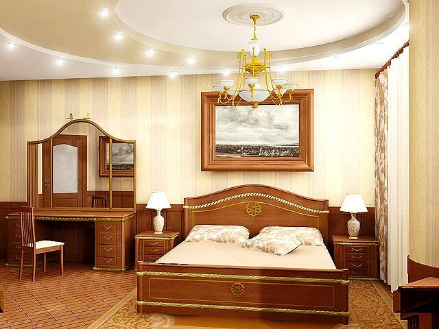 Ceiling design in bedroom with dressing room: installation of suspended and plasterboard
