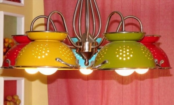 Chandelier of colored colanders