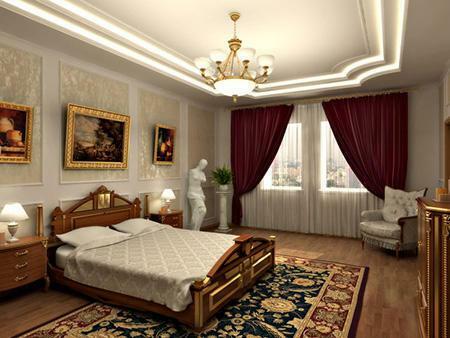 In the design of the bedroom in the classical style often dominates the golden color
