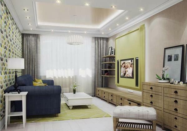 As a rule, living rooms of 18 square meters have a rectangular or square shape