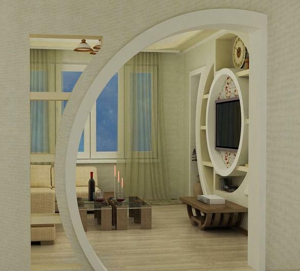 Beautifully complement the interior of the room can be using a stylish arch of plasterboard