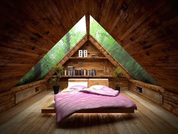 Schlafzimmer im Dachgeschoss: Design, Bild und Typ, in einem kleinen Holzhaus, die Idee des modernen 2017 Interieur mit Fenstern