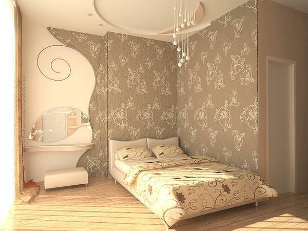 Quando uma pequena área é recomendado para pendurar papel de parede na área de localização da cama, eo resto da sala pode ser deixado para a pintura em tons brilhantes