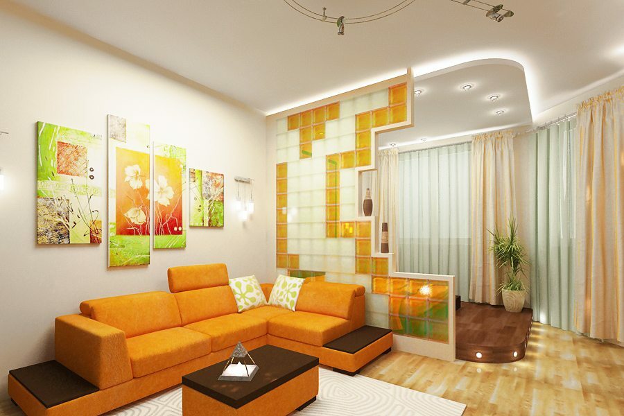 Možnosť rozdelenia sklenených tvárnic pre zónovania do obývacej izby.