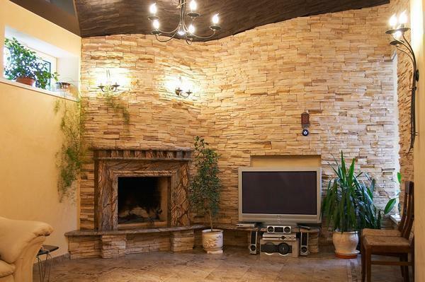 Decorative tile for natural stone is well combined with a fireplace