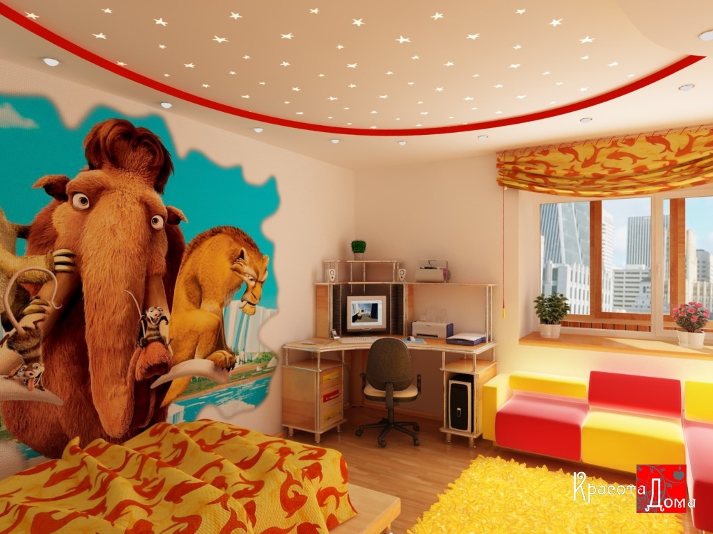 Detská izba pre dvoch chlapcov: stropné konštrukcie, steny 9, 10 metrov štvorcových s nálepkami