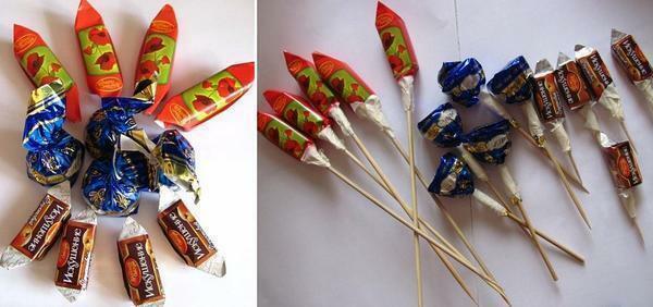 The best for making topiary from sweets is suitable candy with a bright wrapper: red, blue, green