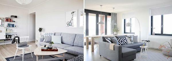 Škandinávsky štýl s prevahou svetlých farbách ideálne pre malý obývacia izba v typickom Chruščov