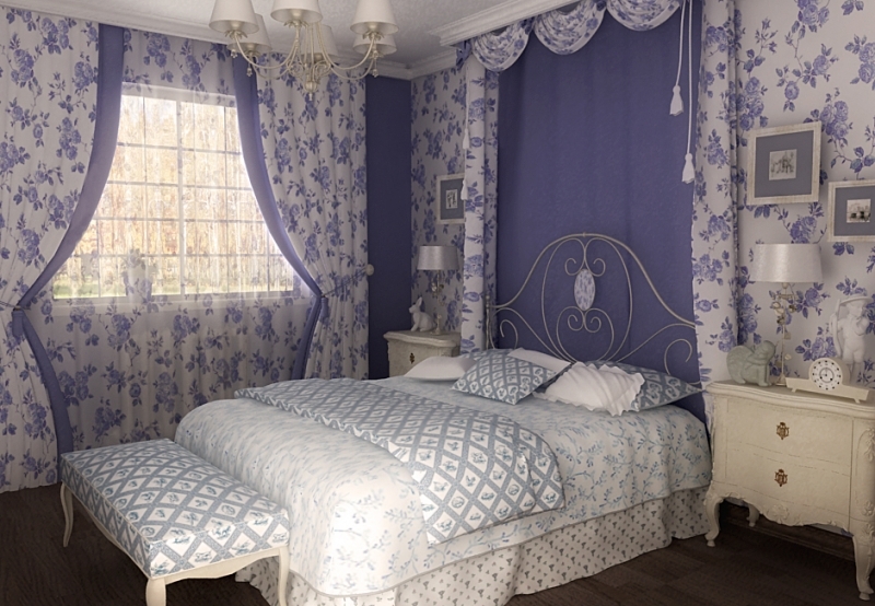Dizains dzīvojamā istaba apvienota ar guļamistabu, zāle 18 kvadrātmetru stilā Provence uz ceriņu, violets melodijas