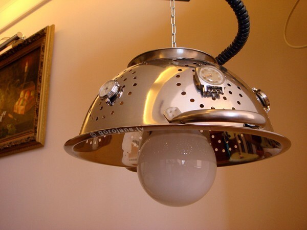 Kitchen lamp with shade from the colander and old clock