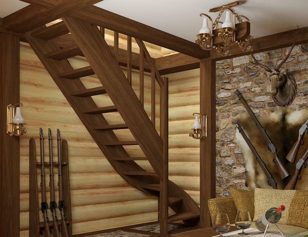Holzleiter von brauner Farbe paßt perfekt in das Innere, das im Stil des Landes entworfen