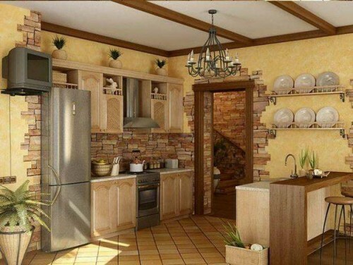 Piemērošana dekoratīvo akmens ar dizainu virtuvē.