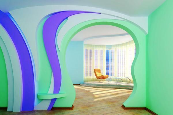 Arch zo sadrokartónu: Fotografie interiéru, typy bytov, dizajnu a forme políc, GCR pekný nad posteľou