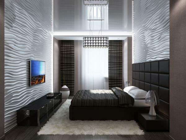 One of the features of the high-tech style in the bedroom is the predominance of smooth, glossy or shiny surfaces