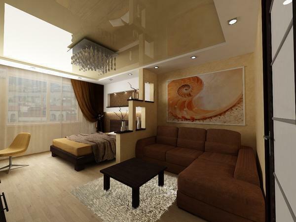 Eğer küçük bir oturma odası varsa, yaratıcı bölümü kullanarak bir yatak odası ile kombine edilebilir