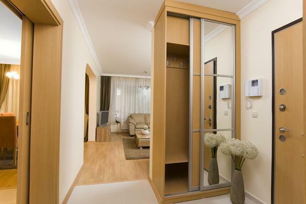 Haga la sala en la casa del panel puede ser más funcional con la ayuda de la coupé armario, equipado con espejo incorporado