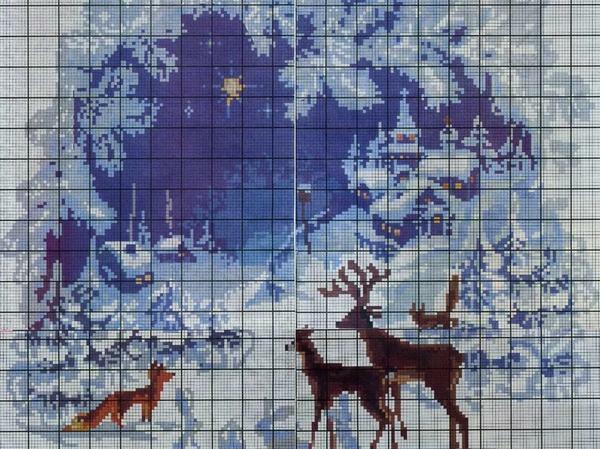 Embroidery with the image of deer in the winter forest is an excellent element of decor