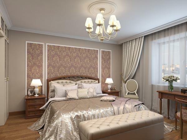 Provjerite naglasak zid u klasičnom spavaćoj sobi, možete koristiti pozadinu, uređena u okvir koji će se isticati u odnosu na pozadinu primarne boje