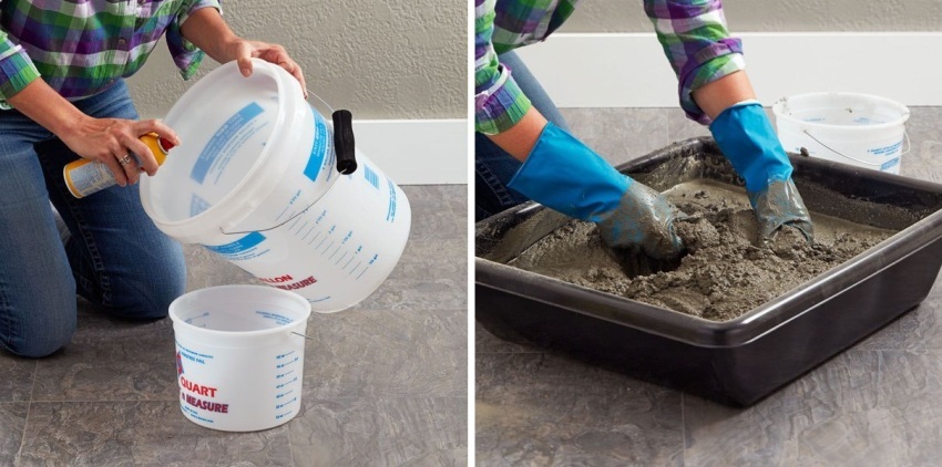 Steps 1 and 2: Preparation of two plastic containers and kneading grout
