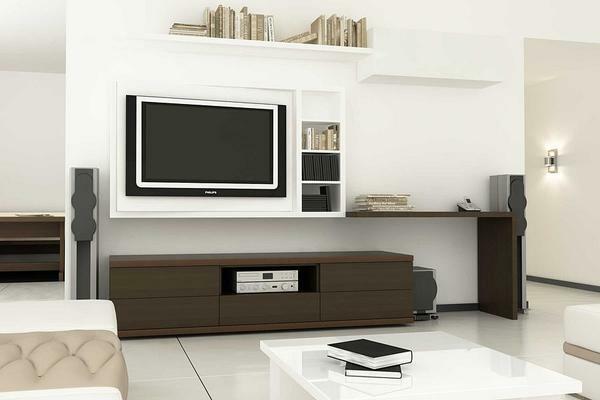Huonekaluja televisio olohuoneessa: TV- ja valokuva, ilman tilaa hyllyjä, mini-konsoli ja moduulit, modernit huoneistot