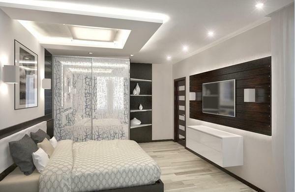 In the design of the bedroom in the style of high-tech neutral tones prevail, such as white and gray
