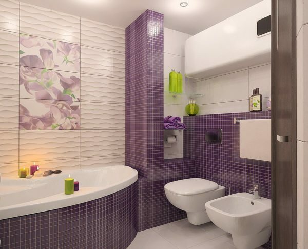 Piemērs iespaidīga kombinācija dažādu veidu flīzes, apdares kombinēto vannas istaba un tualete