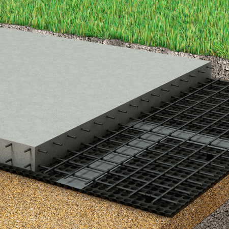 The shaped membrane frequently used for horizontal waterproofing of plate and strip foundations