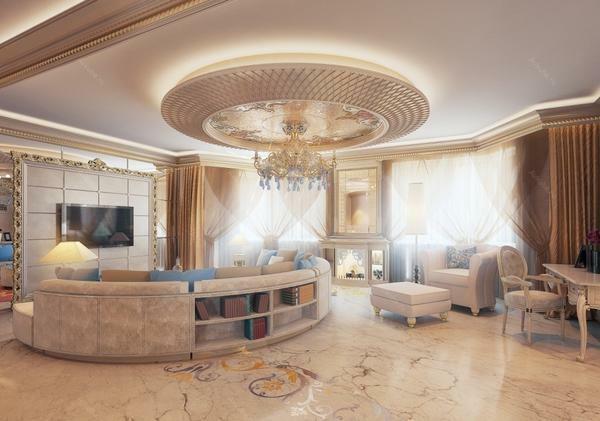 In the classic interior, the ceiling looks beautiful, decorated in gold or brown shades