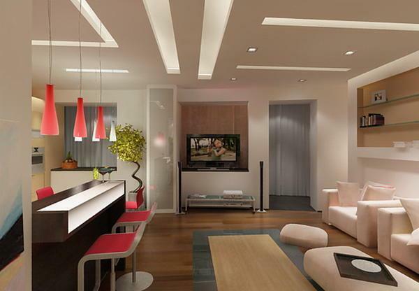 Cuisine-salon de 15 mètres carrés photo design: plan carré, la conception et le design intérieur, combinant mètres