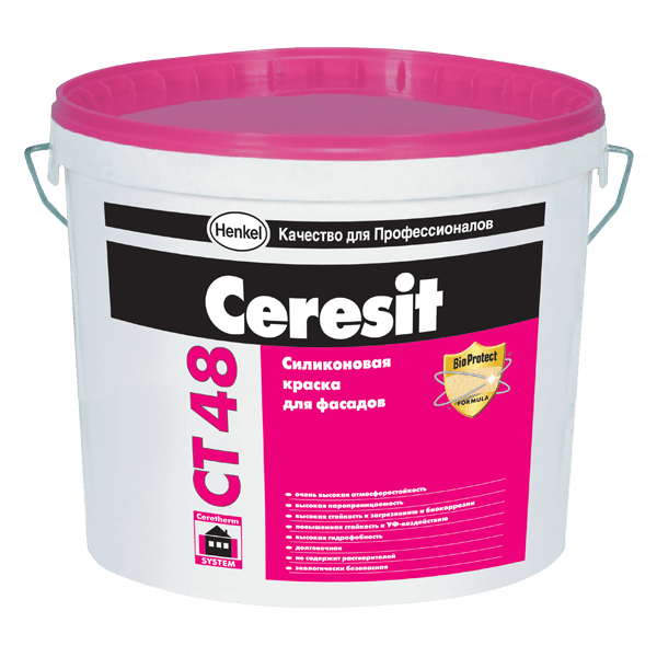 Silicone verf Ceresit CT 48 kan niet alleen worden gebruikt voor het schilderen van de gevels, maar ook de in-house werk