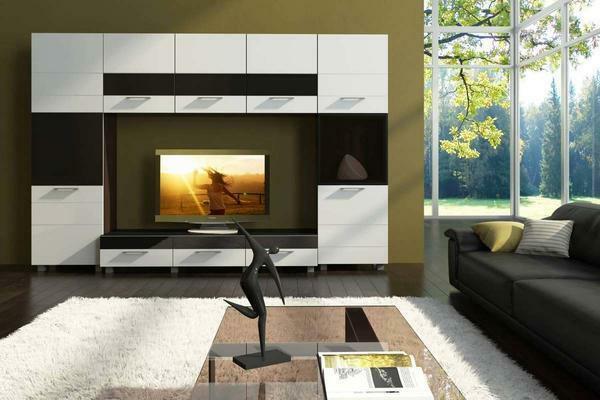 Modular living rooms: corner systems, photo, white gloss, stylish elements 2017, room from MDF, bright rooms