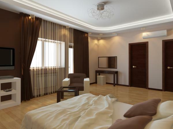 The most harmonious color combination for the design of the bedroom is the chocolate shade of brown combined with beige