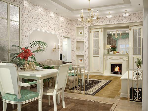Visual membagi ruang makan dan ruang tamu dimungkinkan melalui penggunaan penutup lantai warna yang berbeda