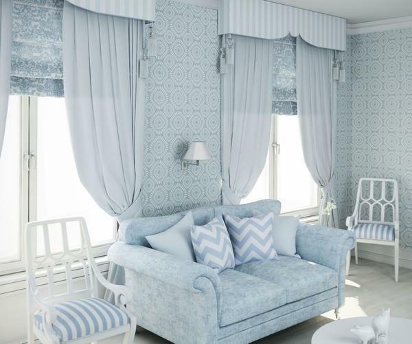 Mēbelēts dzīvojamā istaba zilā krāsā, tas ir labāk dot priekšroku kompakts, bet funkcionālas mēbeles