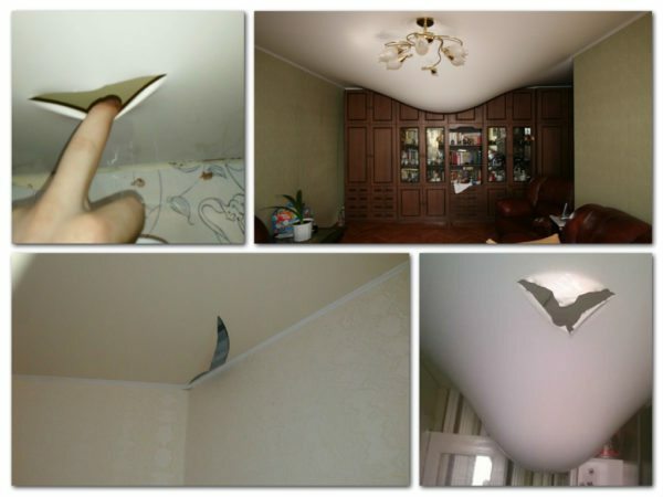 Riparazione del soffitto teso: lo scarico di acqua e di altre alterazioni di stoffa, manuale, video e foto