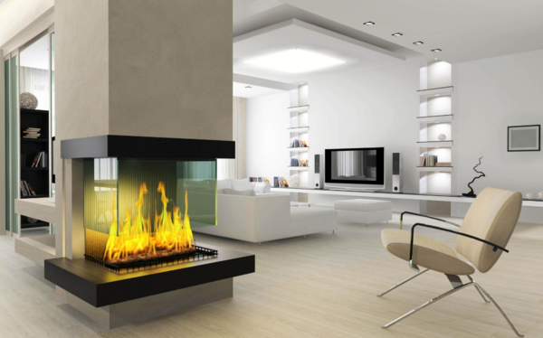 The fireplace, placed in the glass, is good for modern living rooms