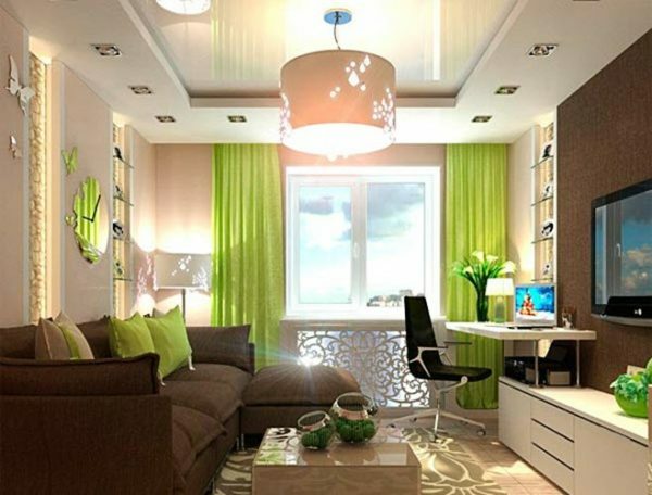 Highlighting in improvised niches and glossy stretch ceiling make the room more spacious and higher.