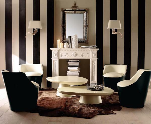 Black and white wallpaper will create an irresistible and interesting interior of the living room