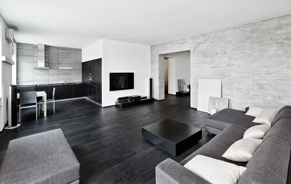 Une grande option est décorée dans un sol sombre - une nuance de couleur gris foncé, surtout si vous le faites dans un style intérieur moderne de haute technologie ou le minimalisme